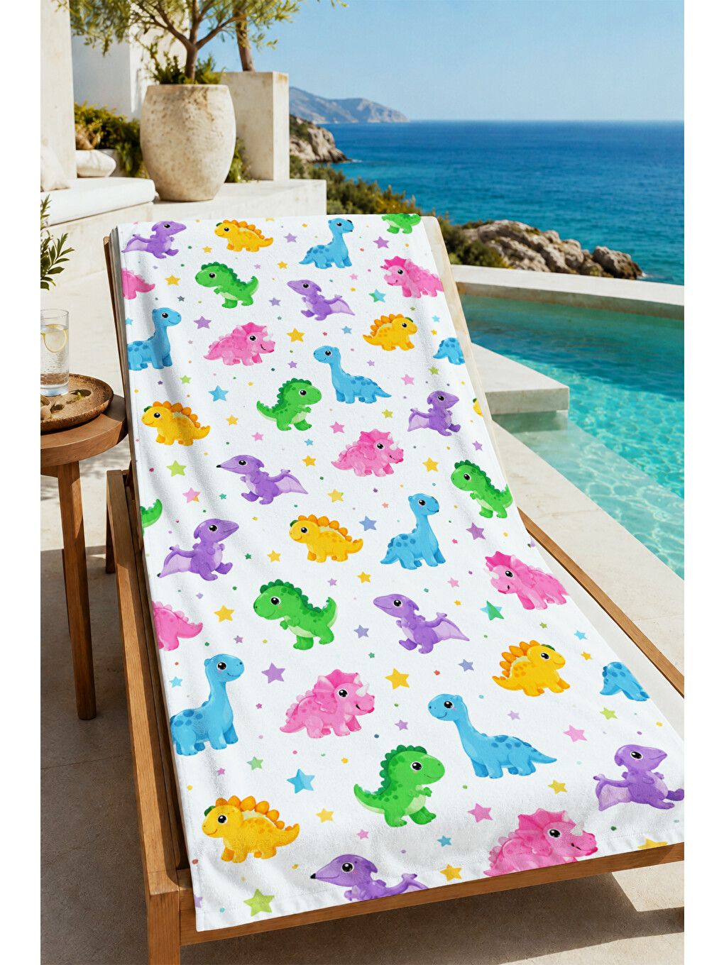 Yeşil Sevimli Renkli Dinozor Figürlü Desenli 70x150 Plaj Havlusu - Dijital Baskılı Solmaz Banyo Havlusu-4