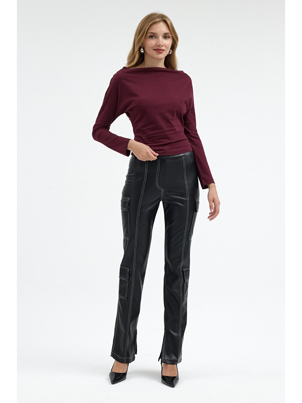 Kadın Kayık Yaka Basic Dar Bordo Bluz-5