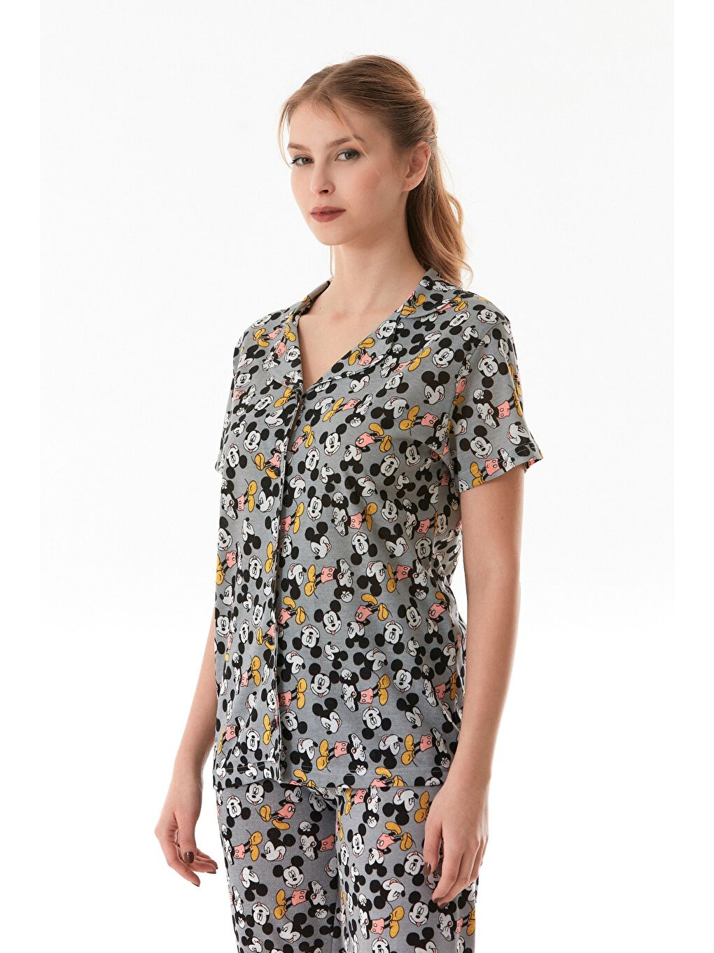 Gri Karakter Baskılı Gömlek Yaka Pijama Takımı-2