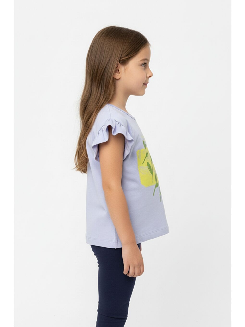 Lila Kız Çocuk Baskılı  Bisiklet Yaka Kolu Fırfırlı Tişört 25008-1