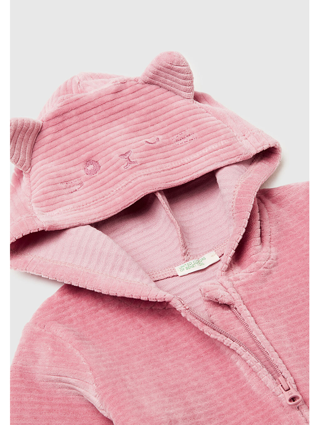Pembe Bebek Gül Kurusu Nervür Desenli İşlemeli Kulaklı Kapüşonlu Sweatshirt-2