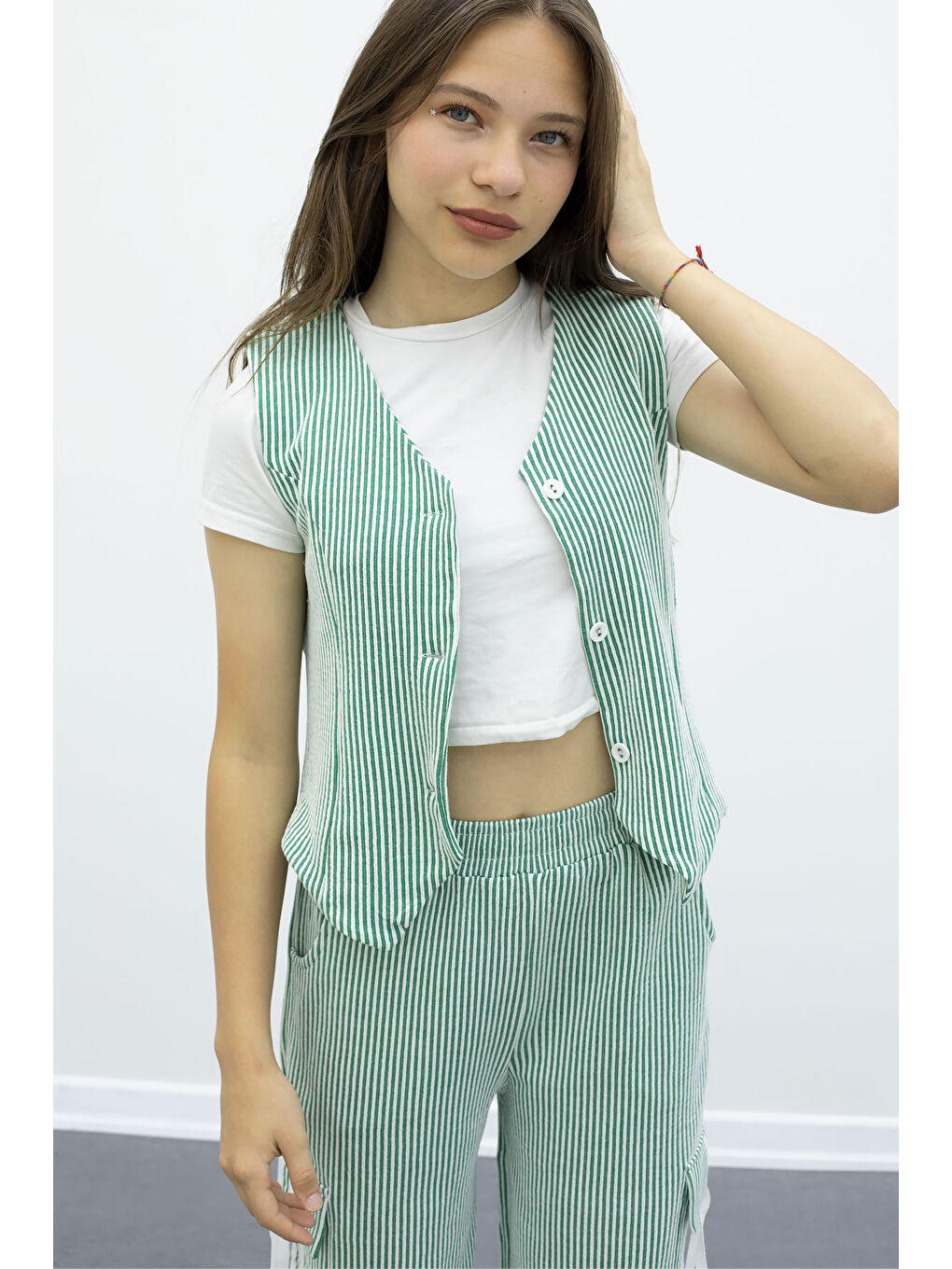 Yeşil Çizgili Düğmeli Yelekli Kargo Cepli Pantolonlu Kız Çocuk 2li Takım 21015-1