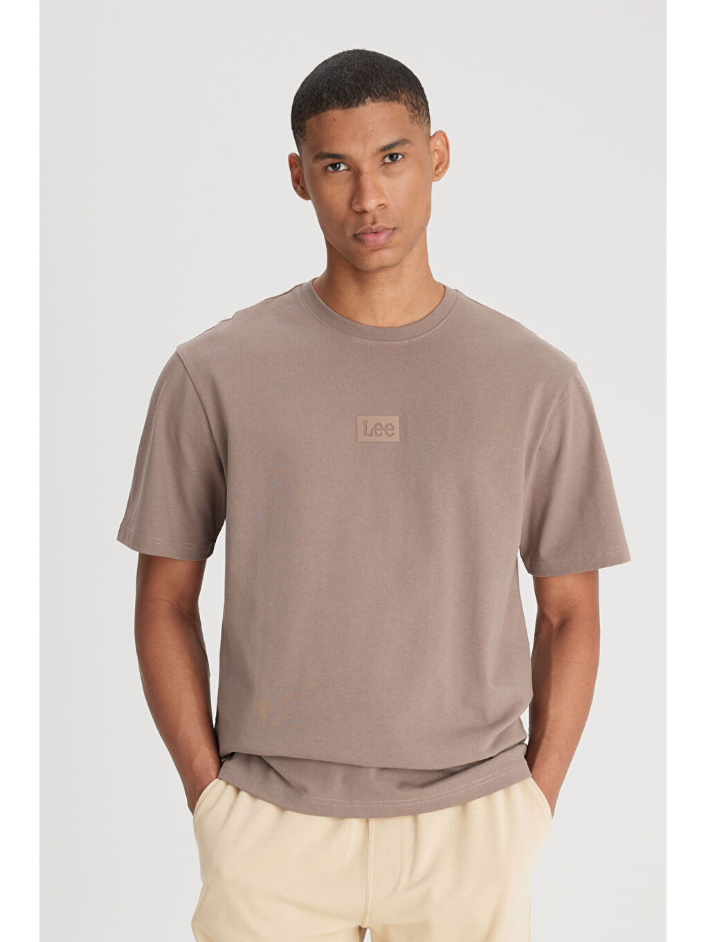 Bej Loose Fit Rahat Kesim Bisiklet Yaka %100 Pamuk Taş Rengi Tişört-1