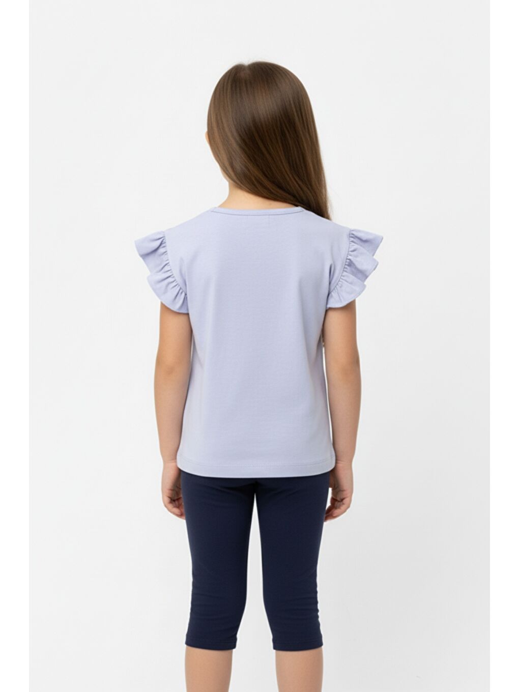 Lila Kız Çocuk Baskılı  Bisiklet Yaka Kolu Fırfırlı Tişört 25008-3