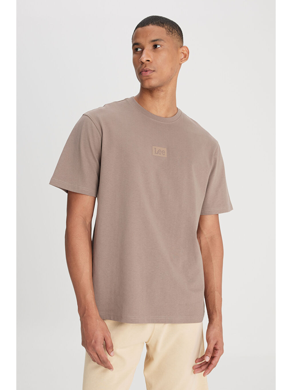 Bej Loose Fit Rahat Kesim Bisiklet Yaka %100 Pamuk Taş Rengi Tişört-2