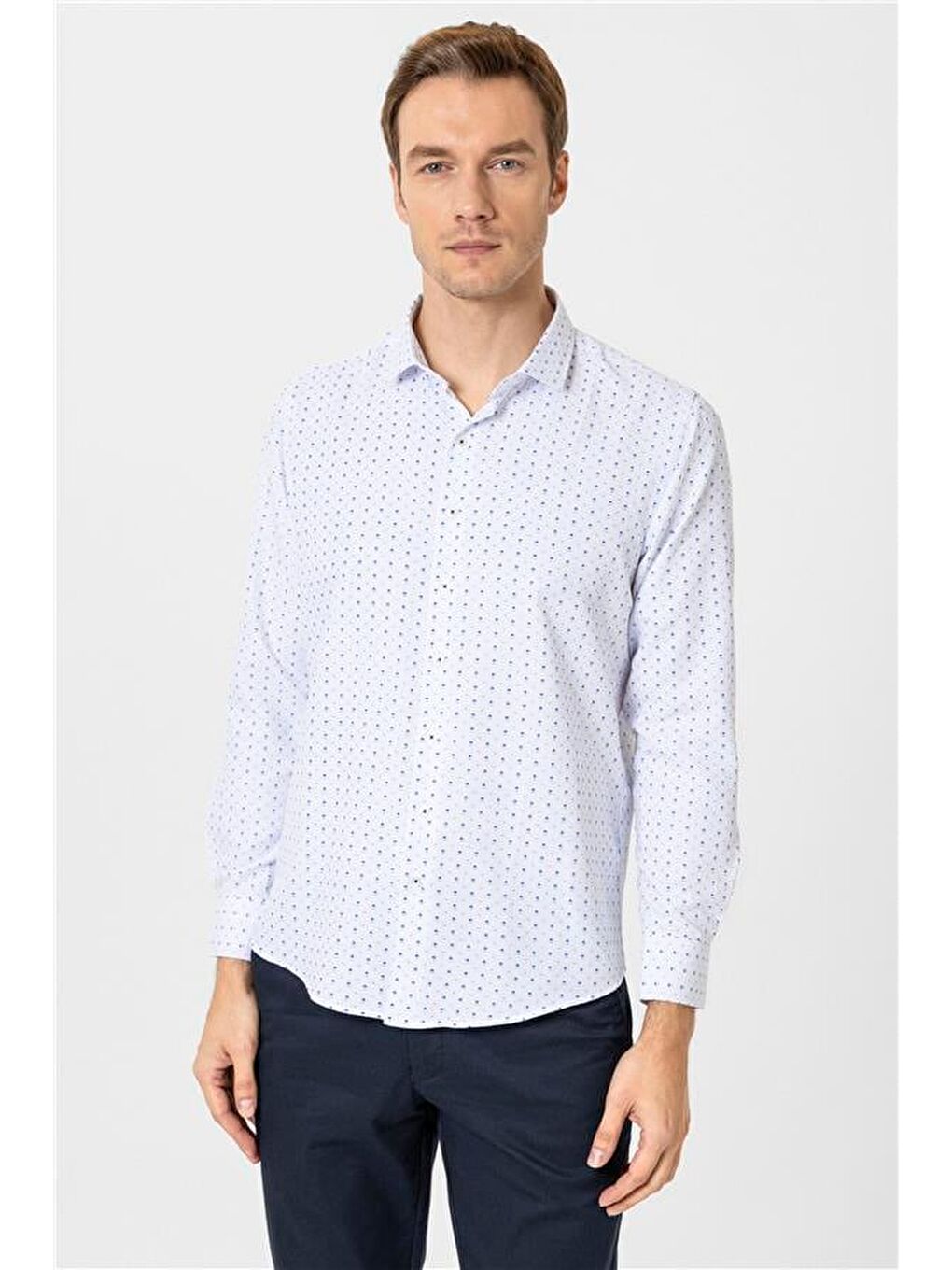 Mavi Slim Baskılı Klasik Yaka Gömlek