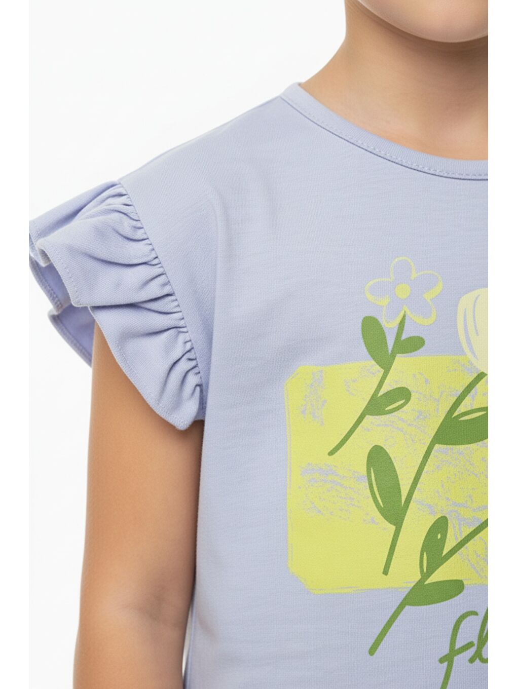 Lila Kız Çocuk Baskılı  Bisiklet Yaka Kolu Fırfırlı Tişört 25008-4