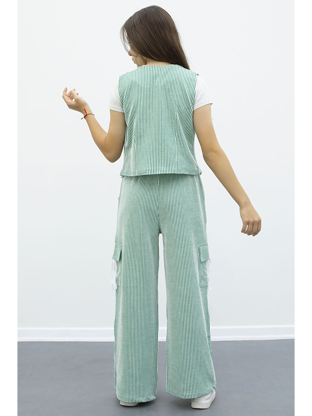 Yeşil Çizgili Düğmeli Yelekli Kargo Cepli Pantolonlu Kız Çocuk 2li Takım 21015-4