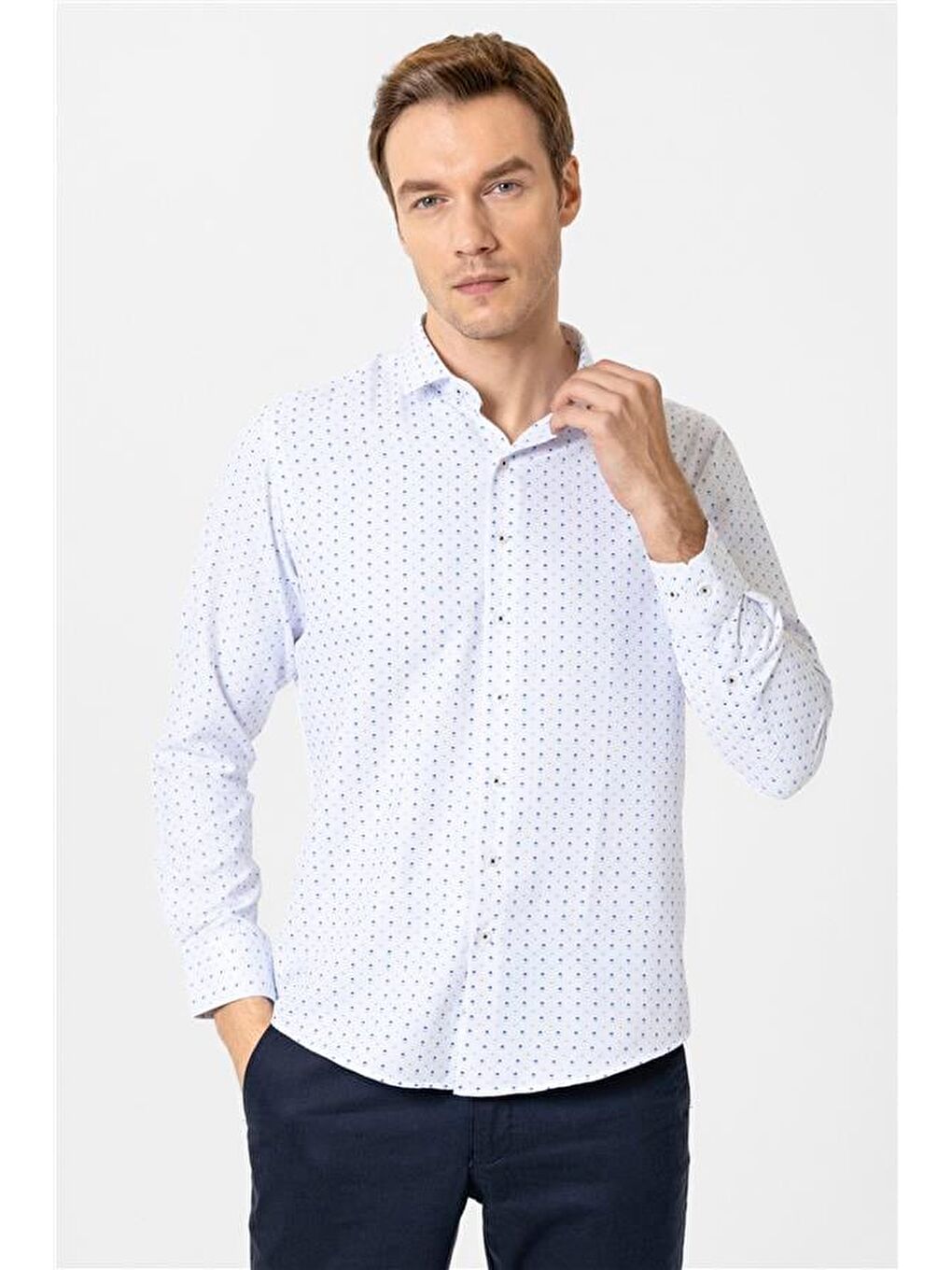 Mavi Slim Baskılı Klasik Yaka Gömlek-1