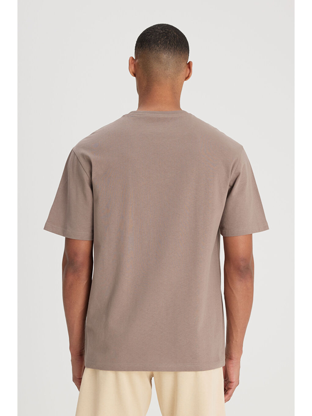 Bej Loose Fit Rahat Kesim Bisiklet Yaka %100 Pamuk Taş Rengi Tişört-5