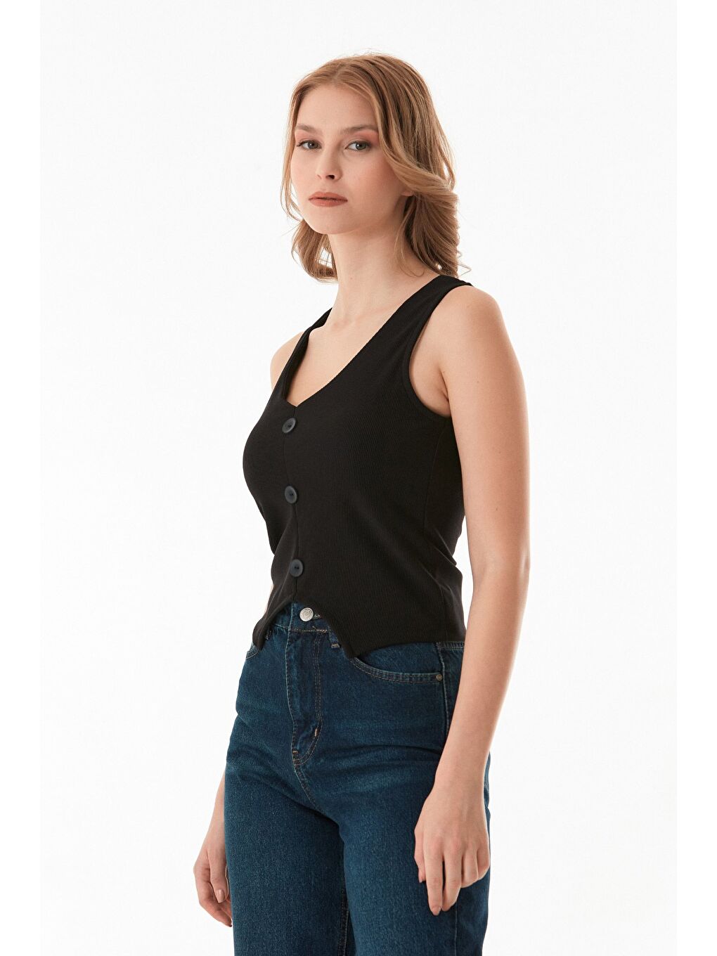 Siyah Basic Fitilli Düğmeli Yelek-2