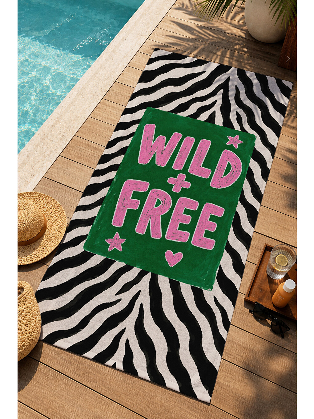 Siyah Pop Art Wild Free Yazılı Zebra Desenli 70x150 Plaj Havlusu - Dijital Baskılı Banyo Havlusu-3