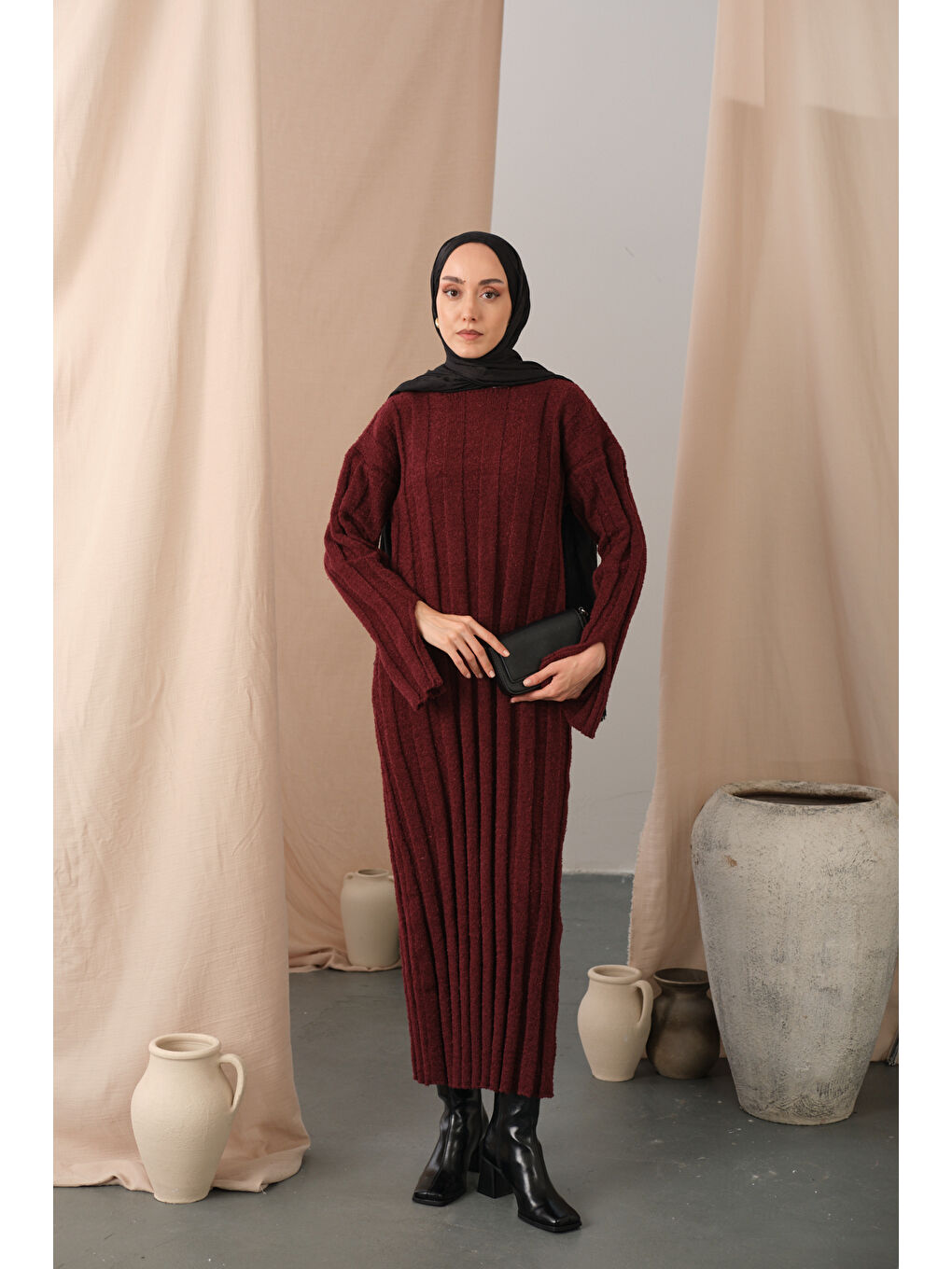 Kadın Kendinden Desenli Triko Elbise Bordo-1