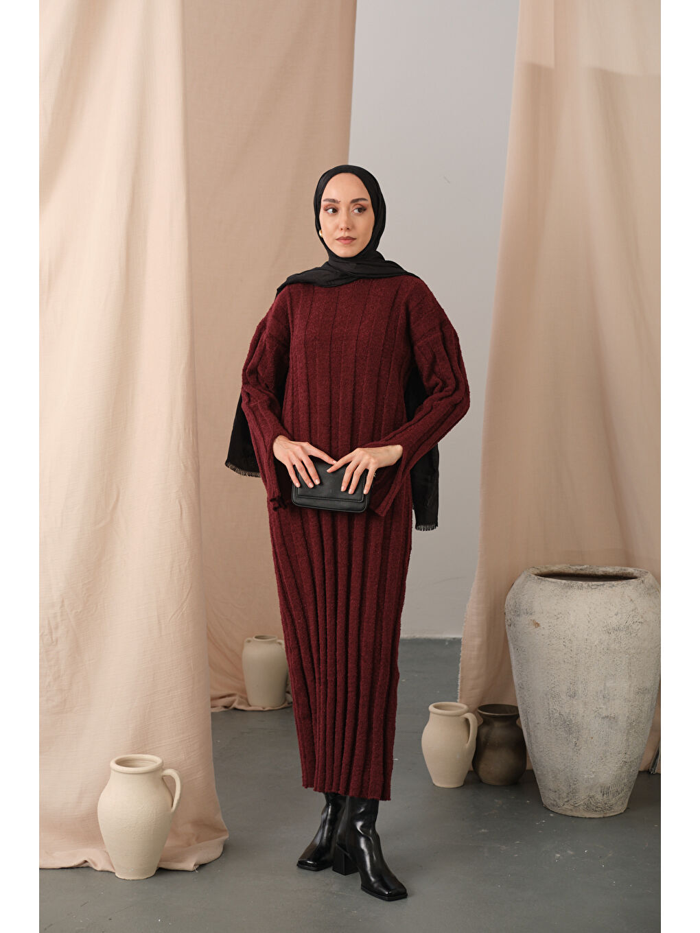 Kadın Kendinden Desenli Triko Elbise Bordo-2