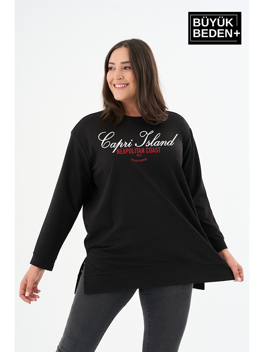 Siyah Kadın Tunik Büyük Beden Capri Island Baskılı ince Sweatshırt SPR26BTK990-1