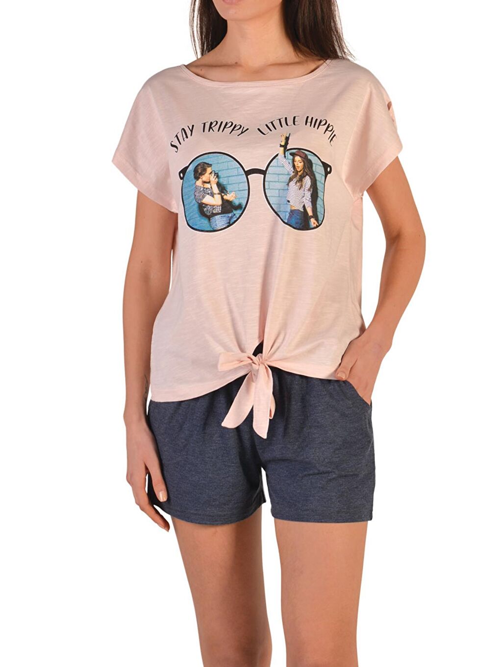 Pembe Kadın Şortlu Pijama Takımı Kısa Kollu Cepli Viskon