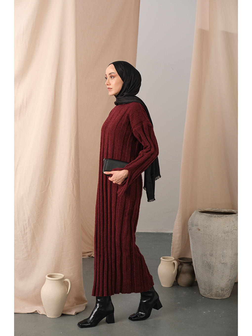 Kadın Kendinden Desenli Triko Elbise Bordo-3