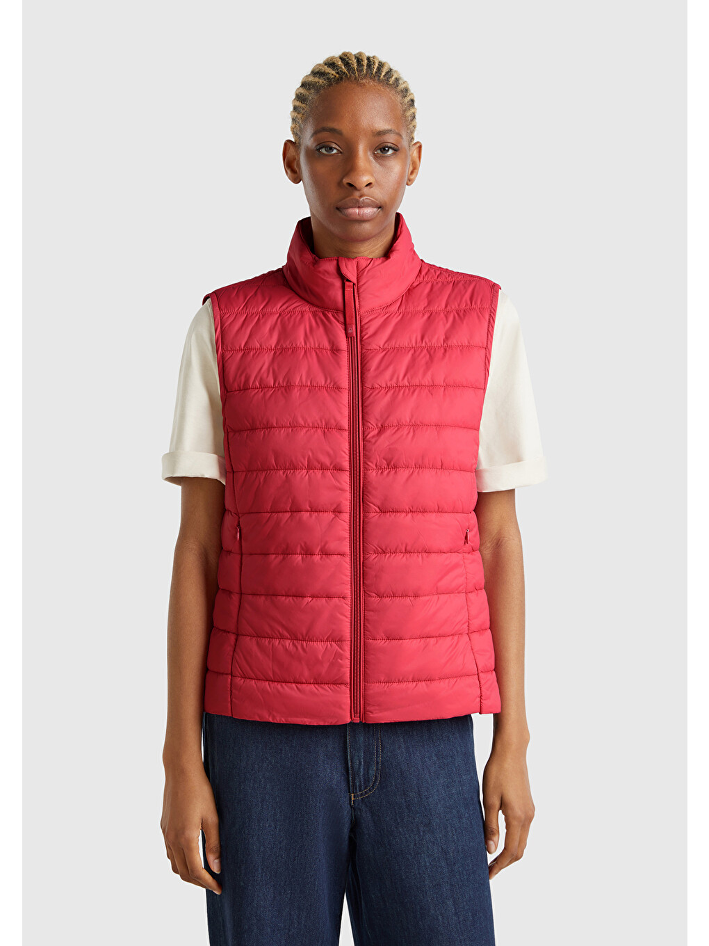 Kadın Fuşya Polyester Dolgulu Fermuarlı Slim Fit Pufa Yelek