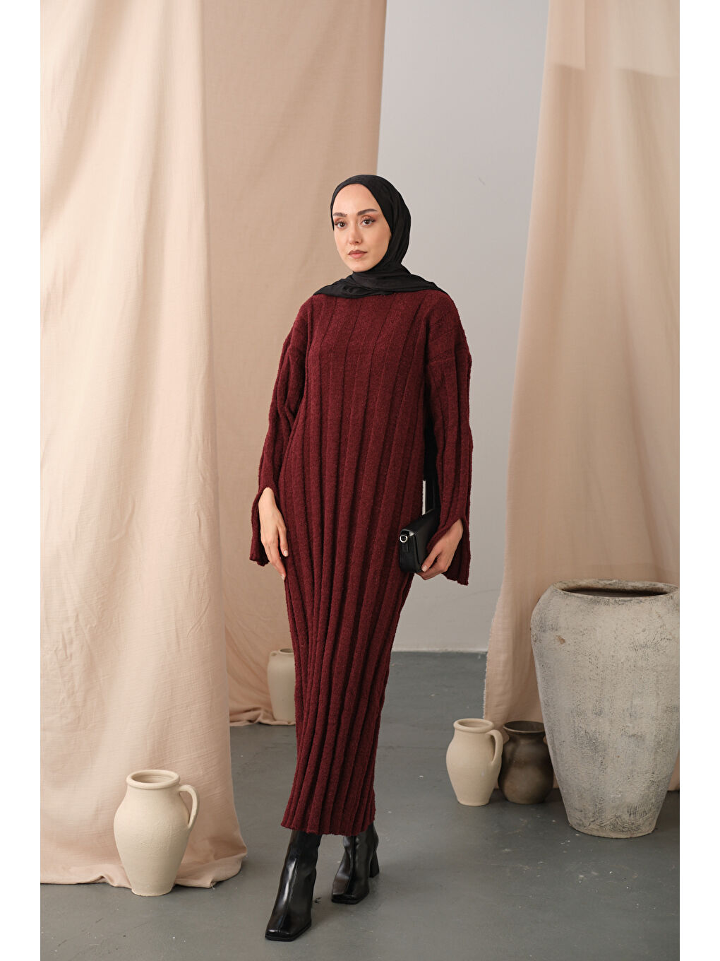 Kadın Kendinden Desenli Triko Elbise Bordo-4