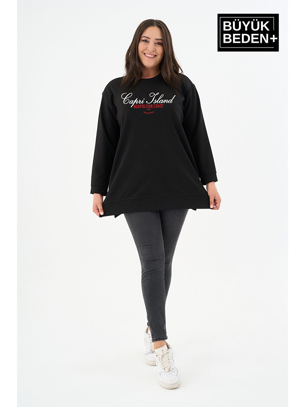 Siyah Kadın Tunik Büyük Beden Capri Island Baskılı ince Sweatshırt SPR26BTK990-1-1