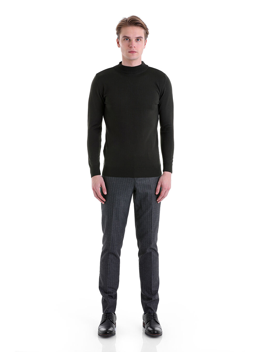 Haki Siyah Comfort Fit Düz Yarım Balıkçı Yaka Yünlü Kazak-1