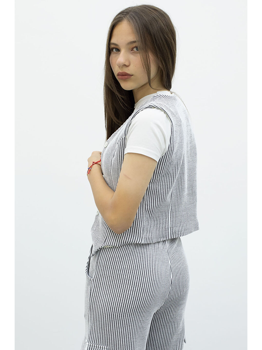 Lacivert Çizgili Düğmeli Yelekli Kargo Cepli Pantolonlu Kız Çocuk 2li Takım 21016-4