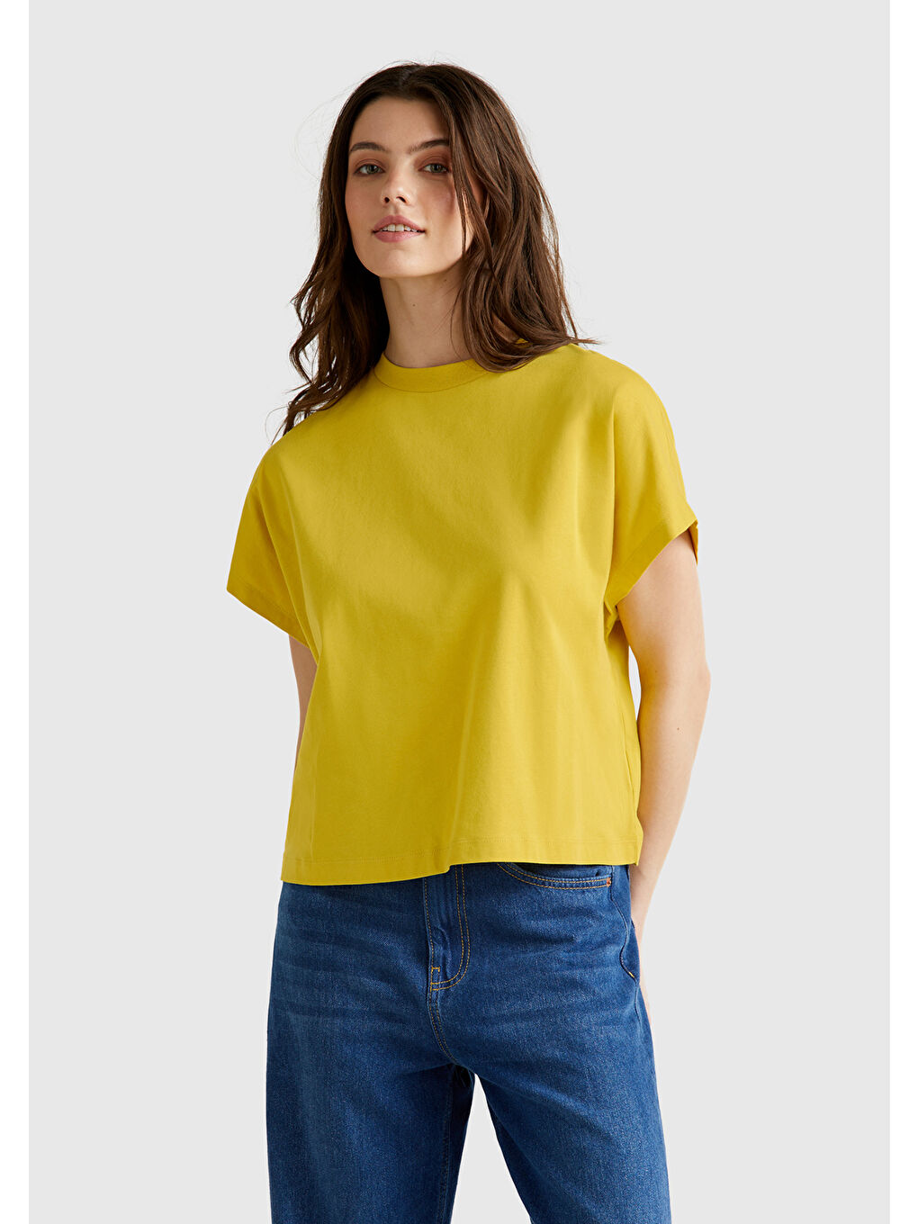 Kadın Sarı %100 Pamuk Kimono Kollu Bisiklet Yaka T-Shirt