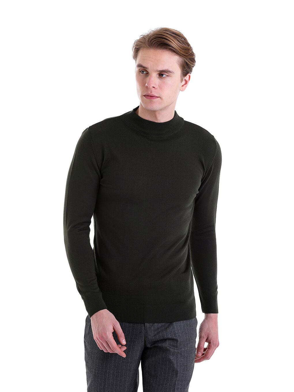 Haki Siyah Comfort Fit Düz Yarım Balıkçı Yaka Yünlü Kazak-2