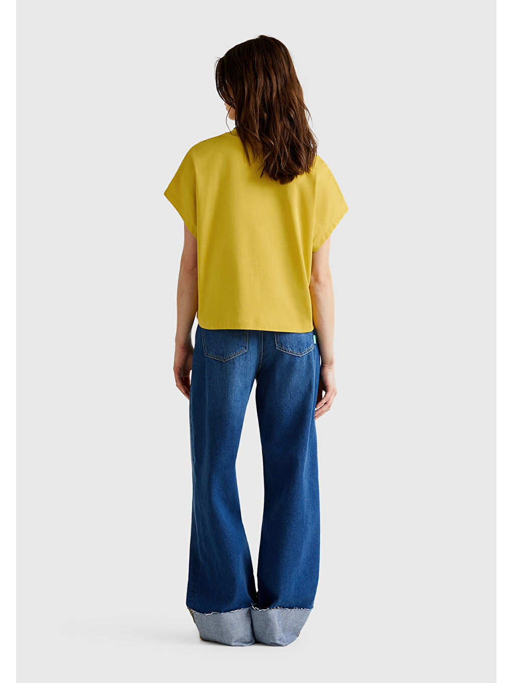 Kadın Sarı %100 Pamuk Kimono Kollu Bisiklet Yaka T-Shirt-2