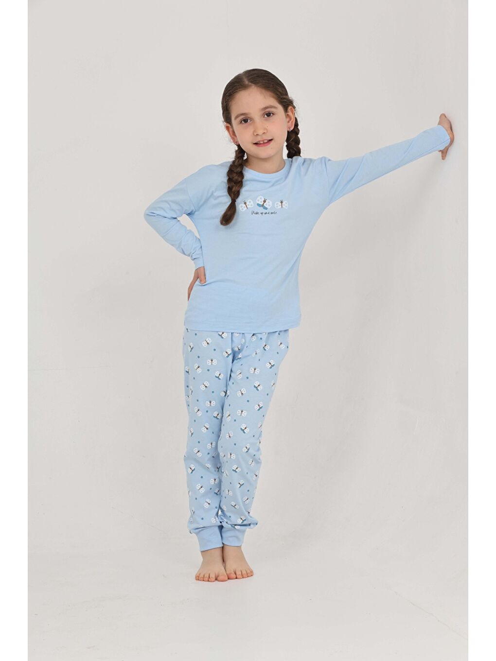 Mavi Kız Çocuk Kelebek Baskılı Pijama Takım-2