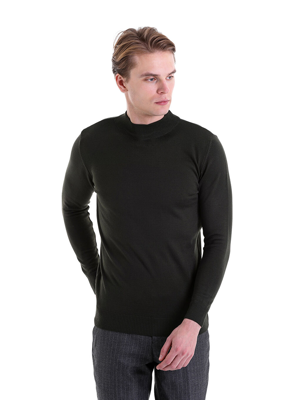 Haki Siyah Comfort Fit Düz Yarım Balıkçı Yaka Yünlü Kazak-3