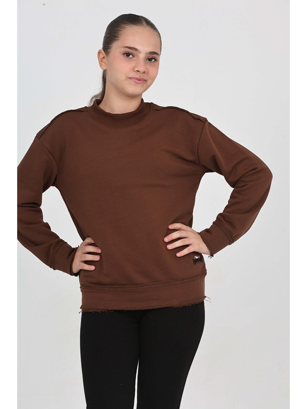 Kahverengi Kız Çocuk Happen Nakışlı Sweatshırt-3
