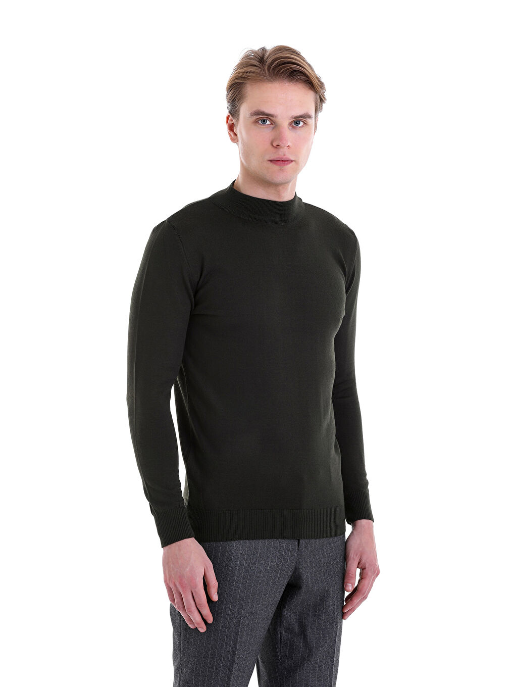 Haki Siyah Comfort Fit Düz Yarım Balıkçı Yaka Yünlü Kazak-4