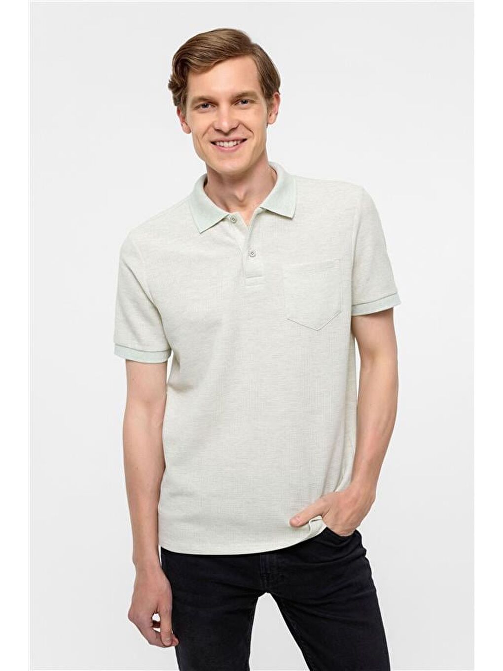 Yeşil Regular Armürlü Polo Yaka Tişört-1