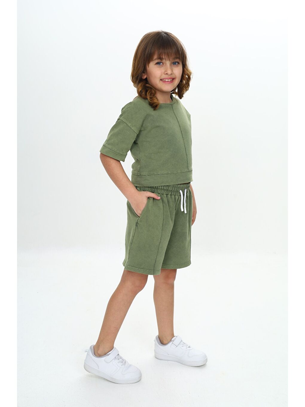 Yeşil Kız Çocuk Yıkamalı Crop Şortlu Takım-2