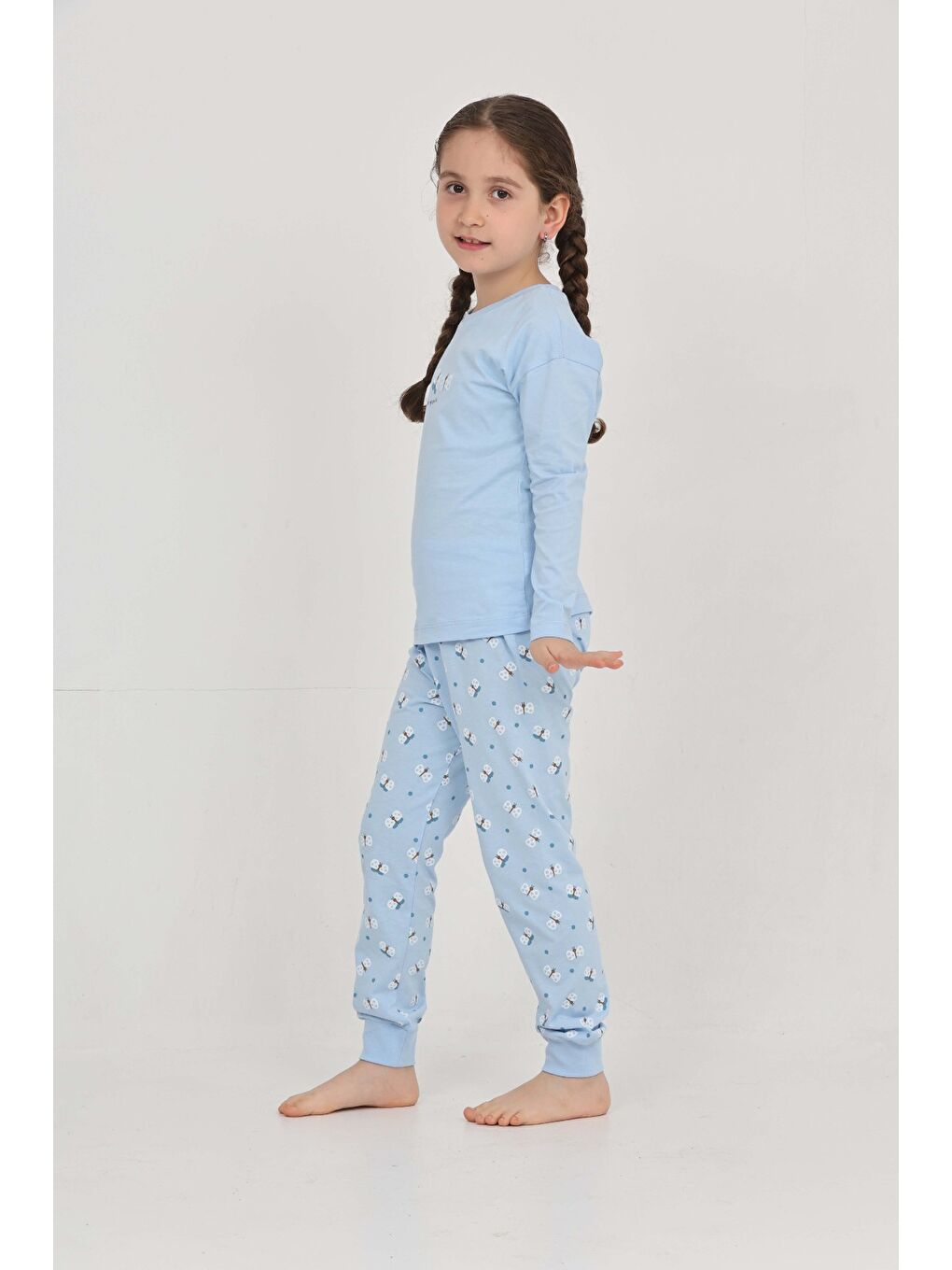 Mavi Kız Çocuk Kelebek Baskılı Pijama Takım-3