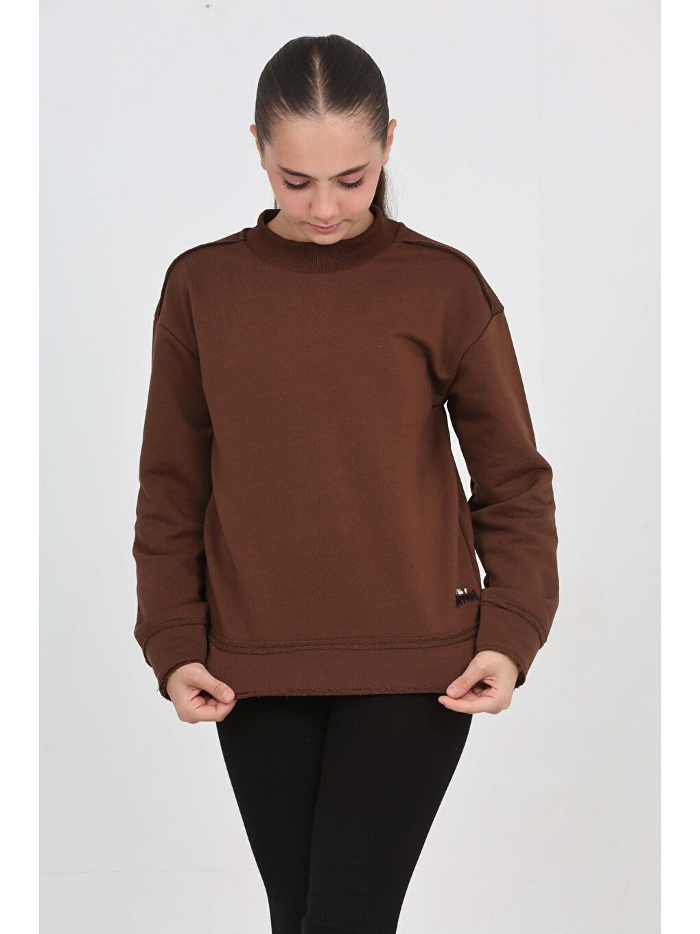 Kahverengi Kız Çocuk Happen Nakışlı Sweatshırt-4