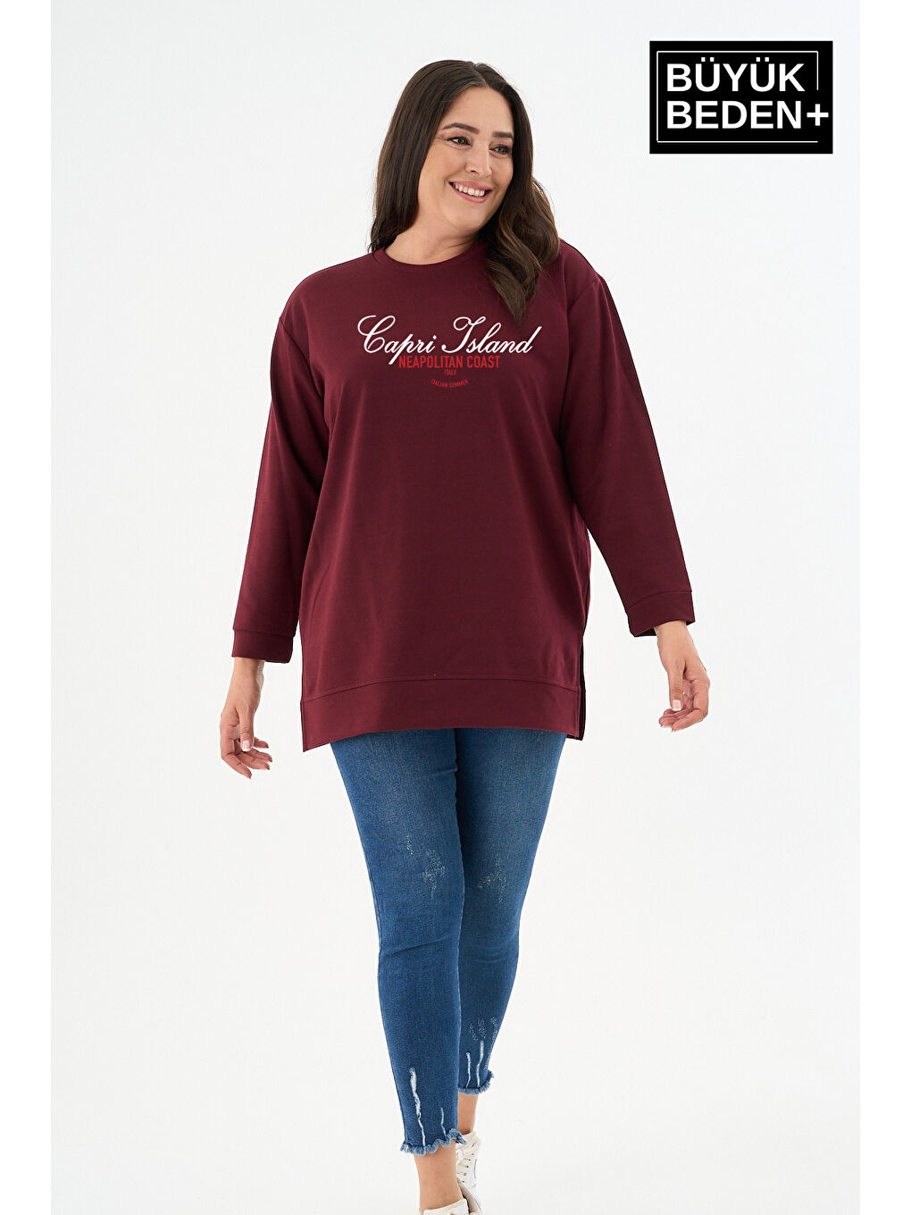 Bordo Kadın Tunik Büyük Beden Capri Island Baskılı ince Sweatshırt SPR26BTK990-1