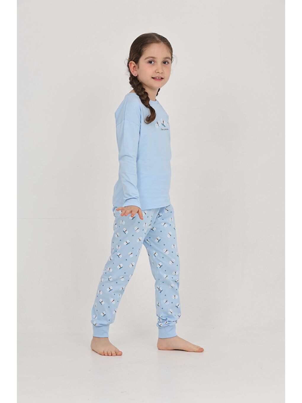 Mavi Kız Çocuk Kelebek Baskılı Pijama Takım-4