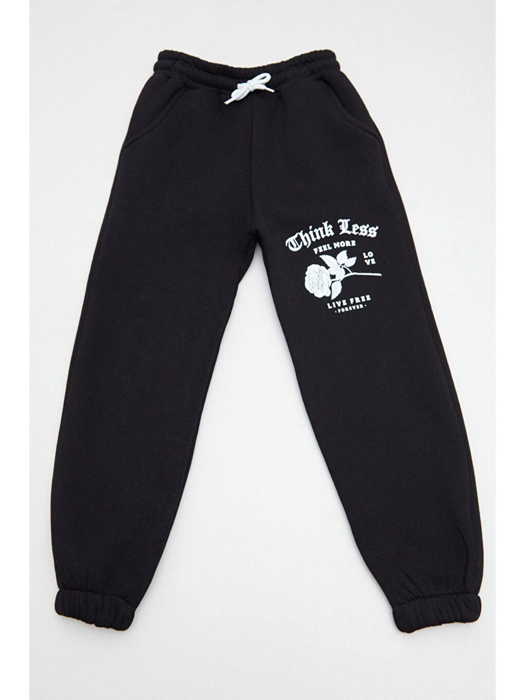 Siyah Gül Ve Yazı Baskılı Beli Lastikli Kız Çocuk Eşofman Altı