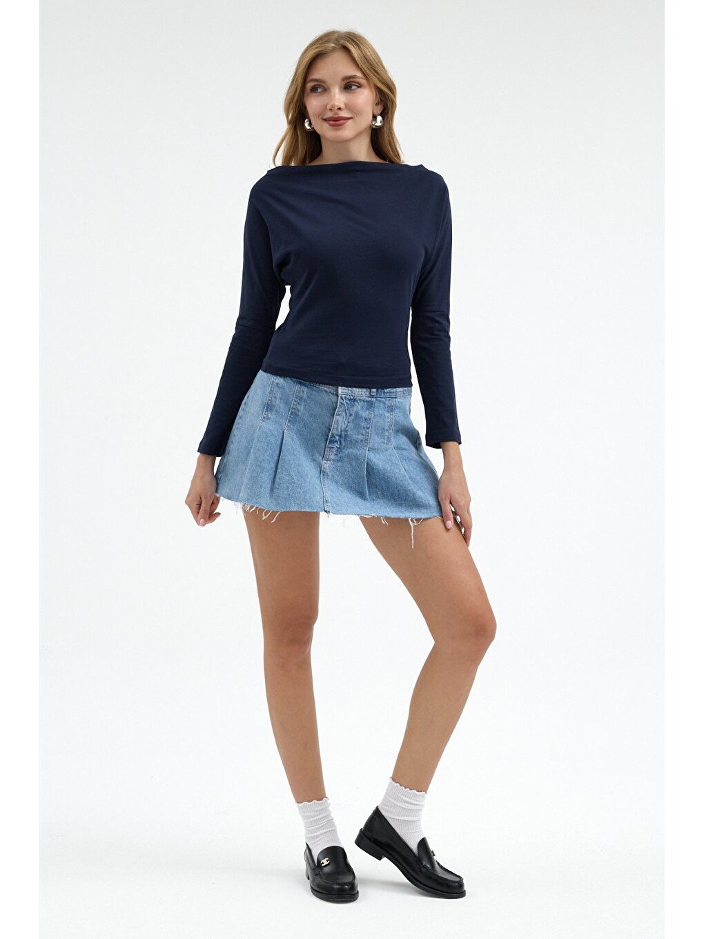 Kadın Kayık Yaka Basic Dar Lacivert Bluz-4