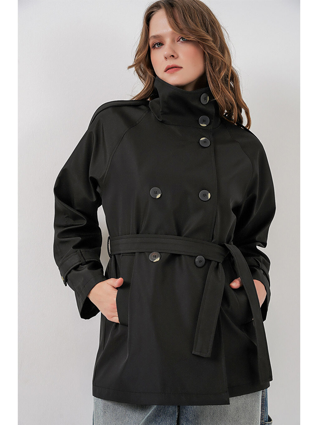 Kadın Kruvaze Yaka Kısa Trençkot 5980 - Siyah