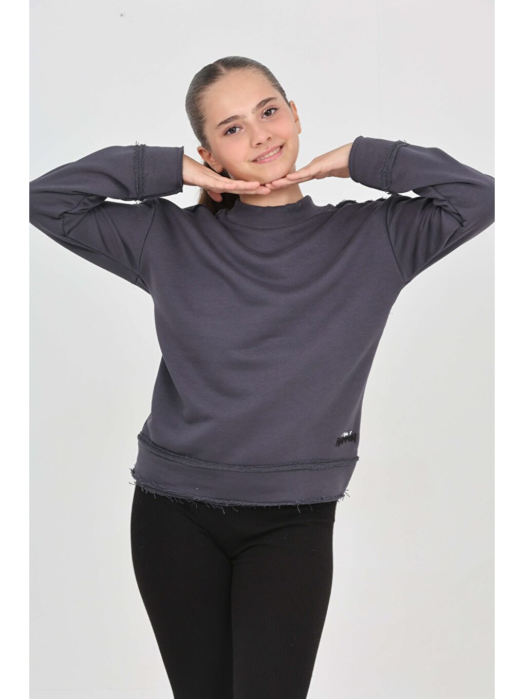 Antrasit Kız Çocuk Happen Nakışlı Sweatshırt-4