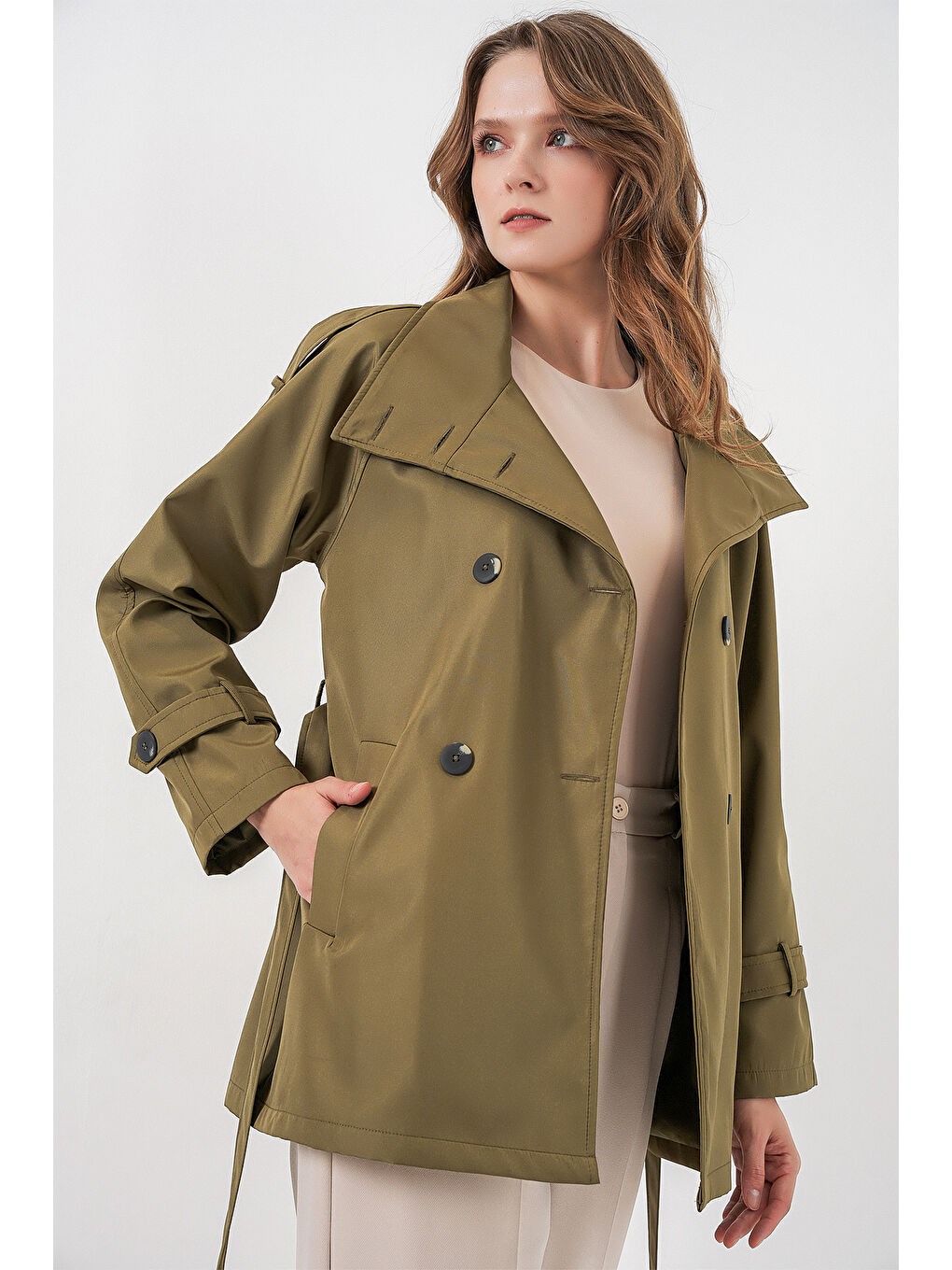 Kadın Kruvaze Yaka Kısa Trençkot 5980 - Haki