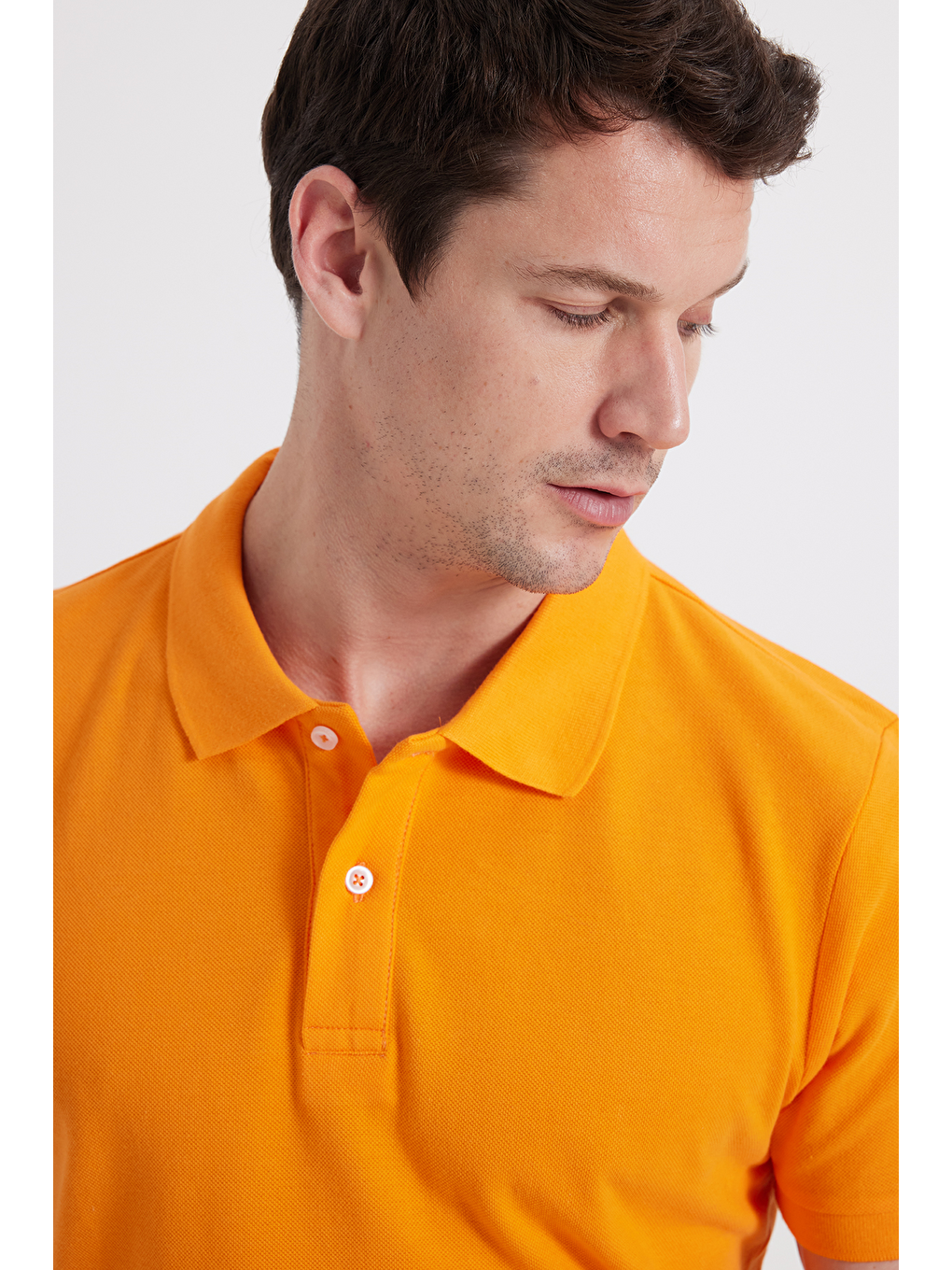 Erkek Slim Fit Dar Kesim %100 Pamuk Kısa Kollu Polo Yaka Turuncu Tişört-1