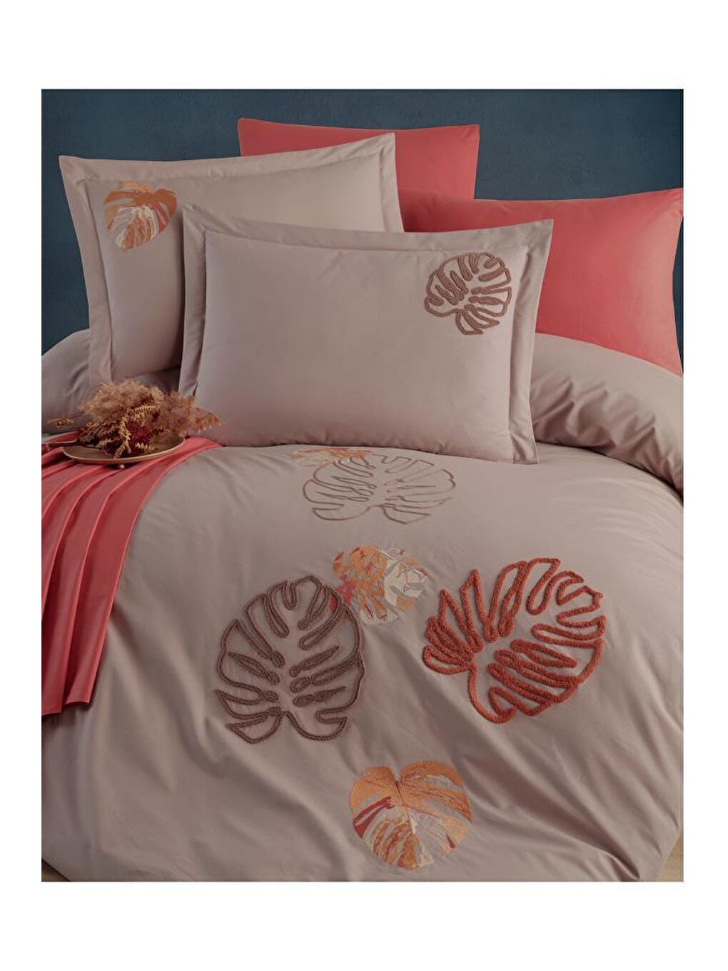 Bej Palmariva Nakışlı %100 Pamuk Çift Kişilik Nevresim Takımı Vizon-1