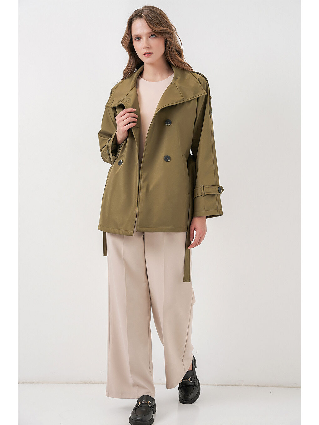 Kadın Kruvaze Yaka Kısa Trençkot 5980 - Haki-1