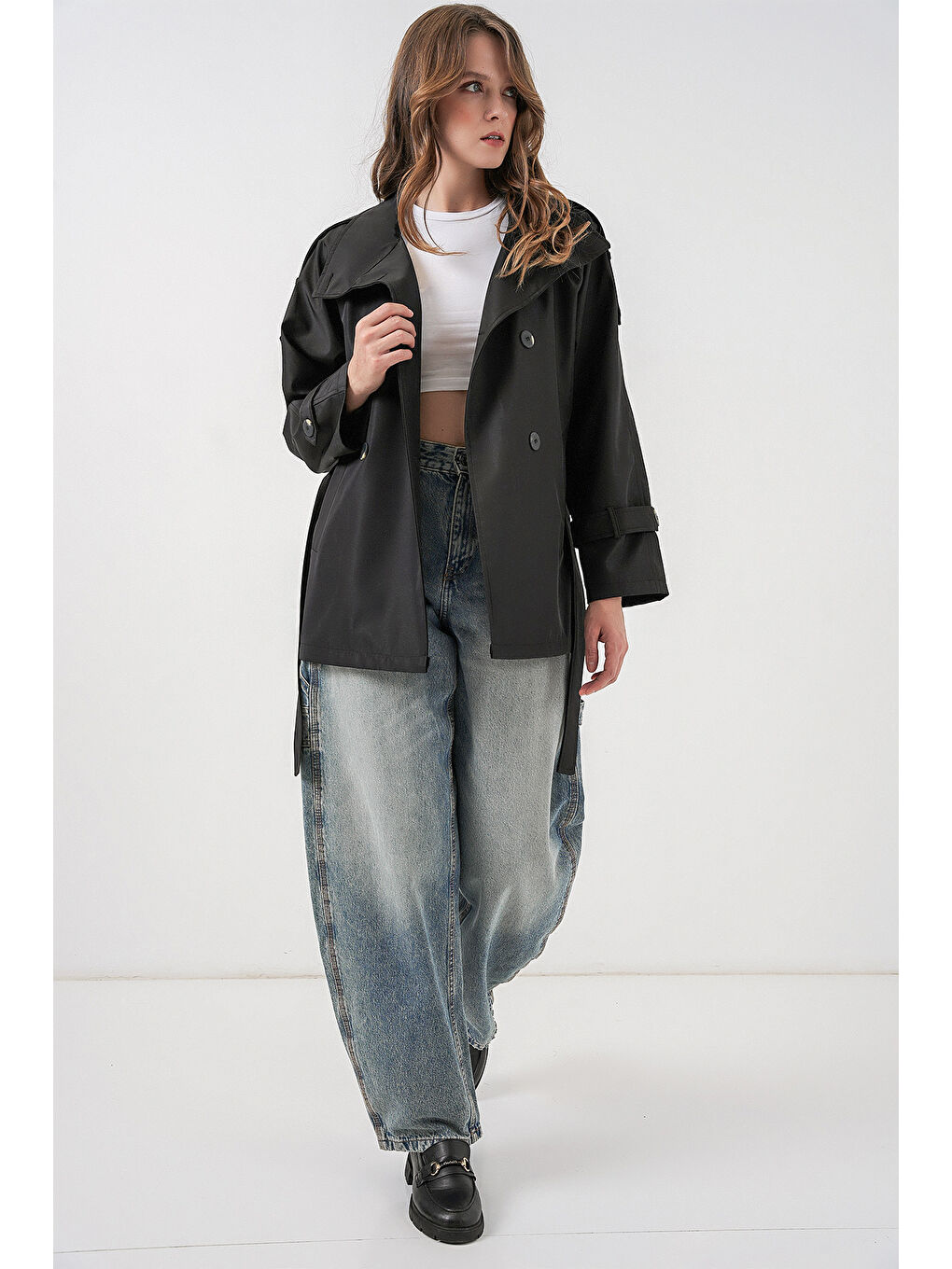 Kadın Kruvaze Yaka Kısa Trençkot 5980 - Siyah-1
