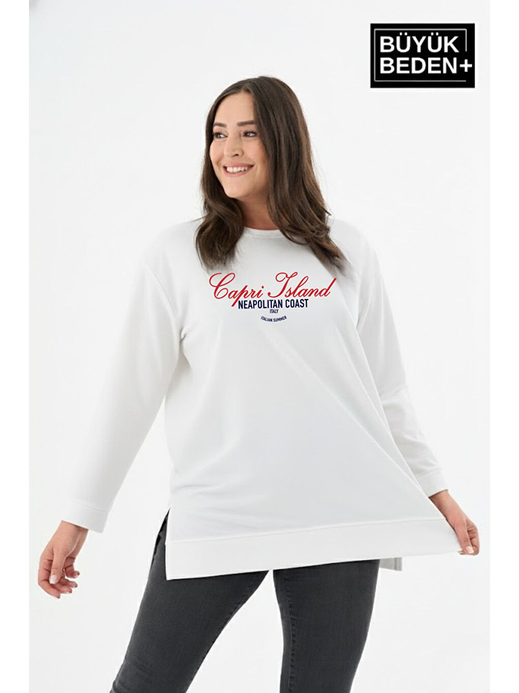 Ekru Kadın Tunik Büyük Beden Capri Island Baskılı ince Sweatshırt SPR26BTK990-1