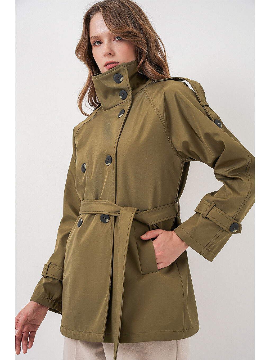 Kadın Kruvaze Yaka Kısa Trençkot 5980 - Haki-2